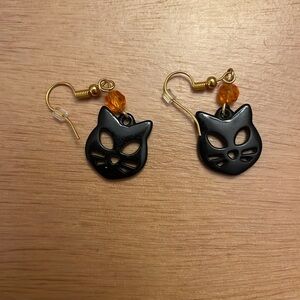 Womens Halloween 🎃 Black Cat Earrings with orange Bead Accents
